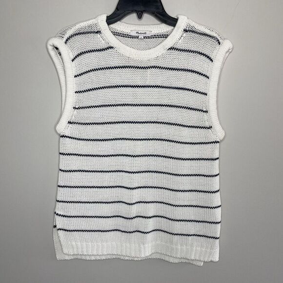 MADEWELL Sweater Vest Women M Puff-Trim Cotton Linen Pullover NEW Stripe NQ977 - Picture 4 of 14